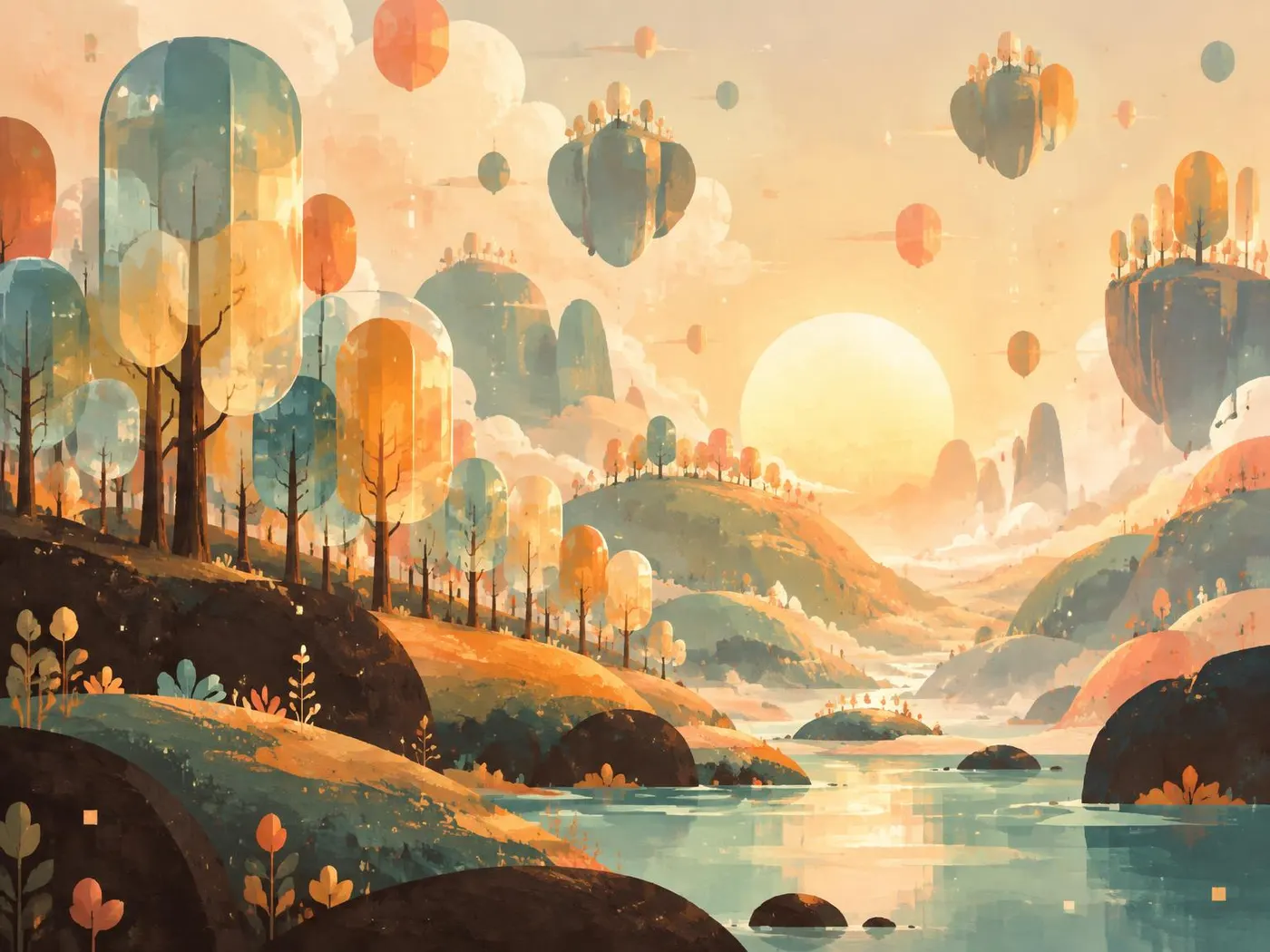 Illustrated glass-tree forest at sunrise